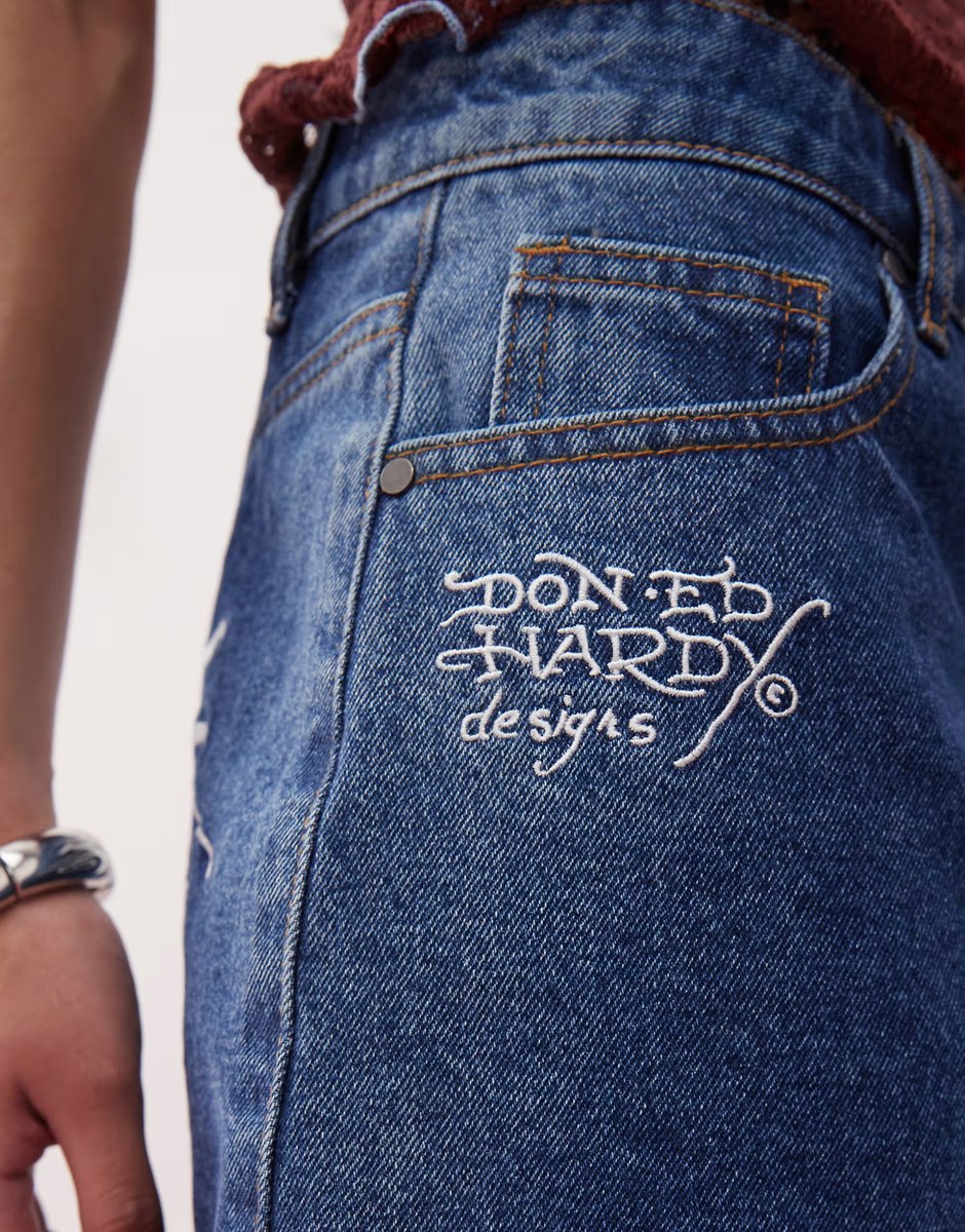 ASOS Ed Hardy swallow side wash low rise denim mini skirt in washed indigo  - 3