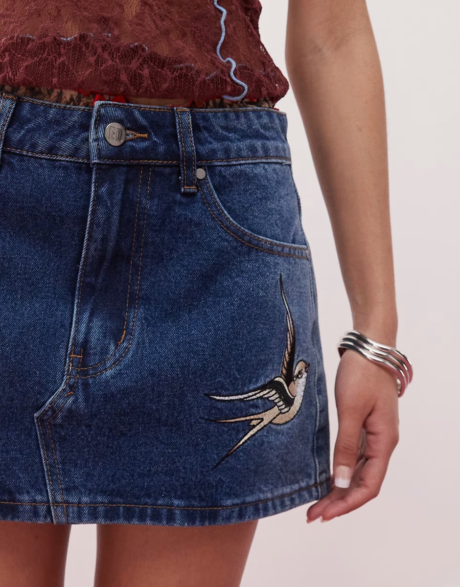 ASOS Ed Hardy swallow side wash low rise denim mini skirt in washed indigo  - 4