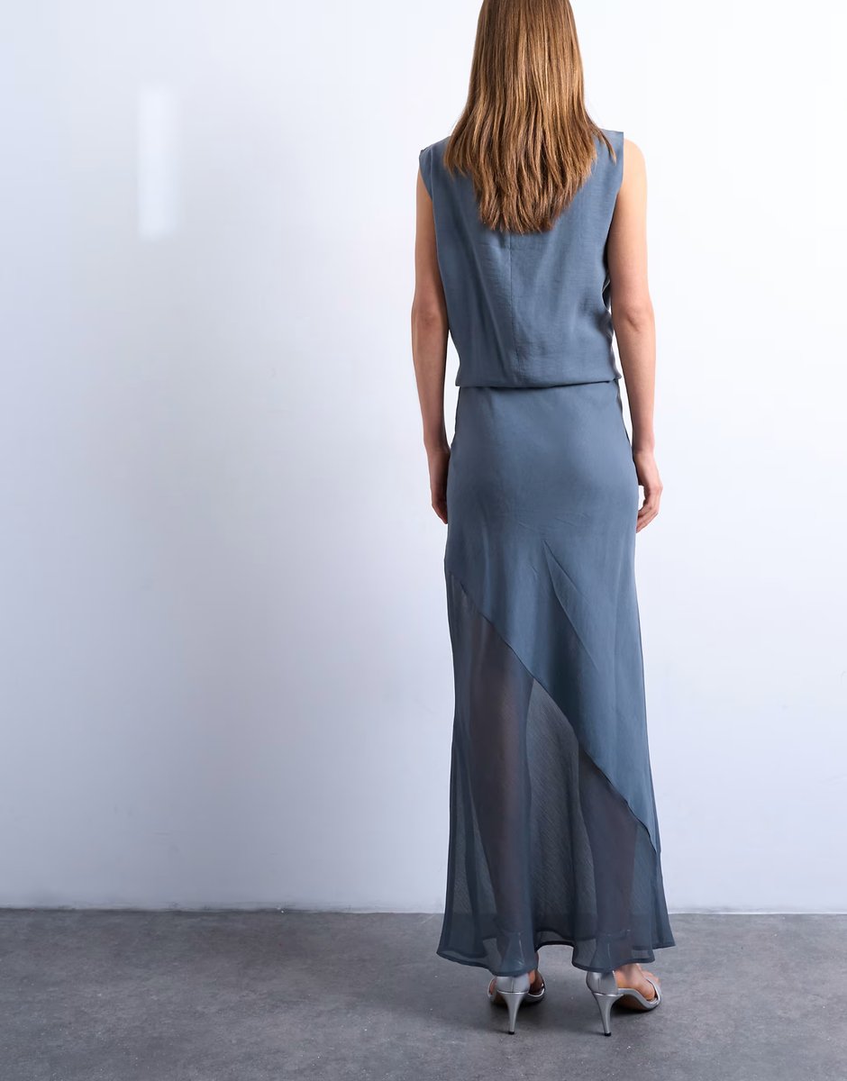 ASOS Topshop mixed fabric satin bias skirt in blue - 2