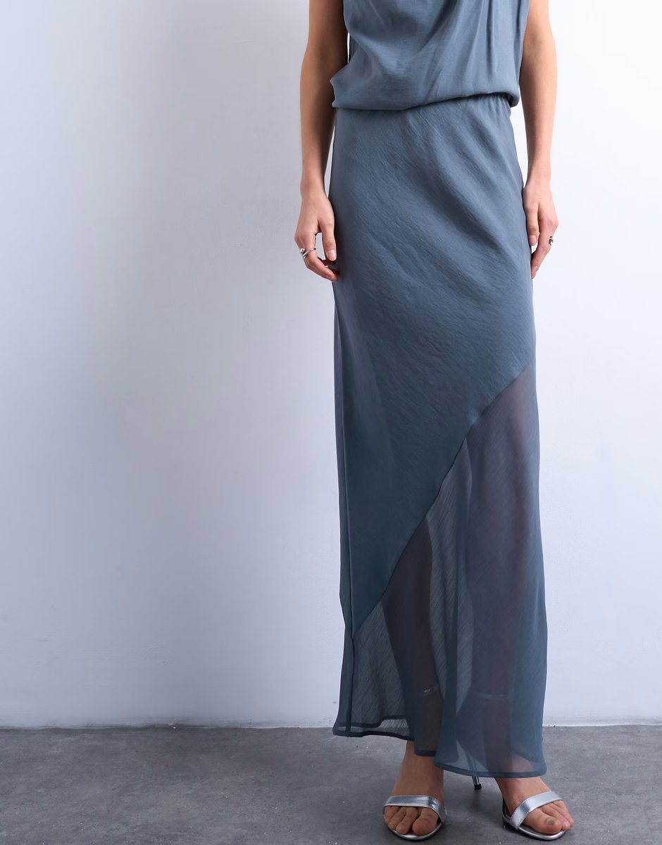 ASOS Topshop mixed fabric satin bias skirt in blue - 4