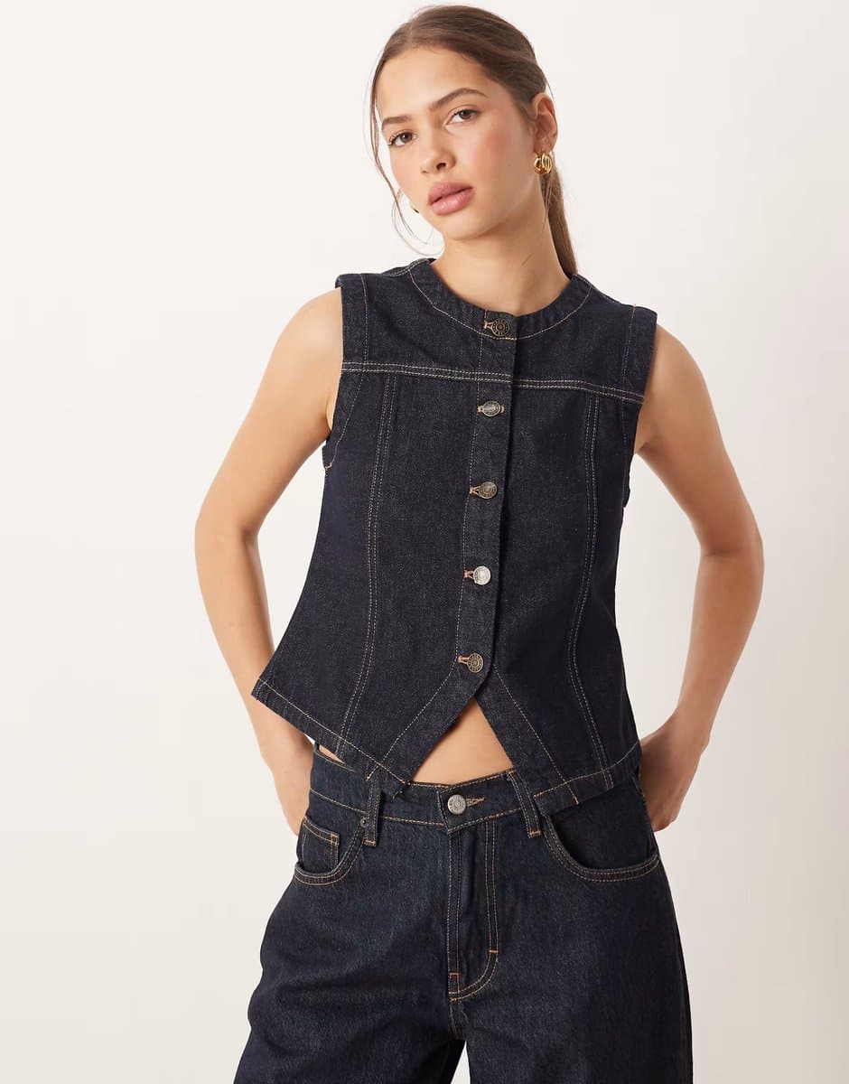 ASOS JJXX denim waistcoat in dark blue