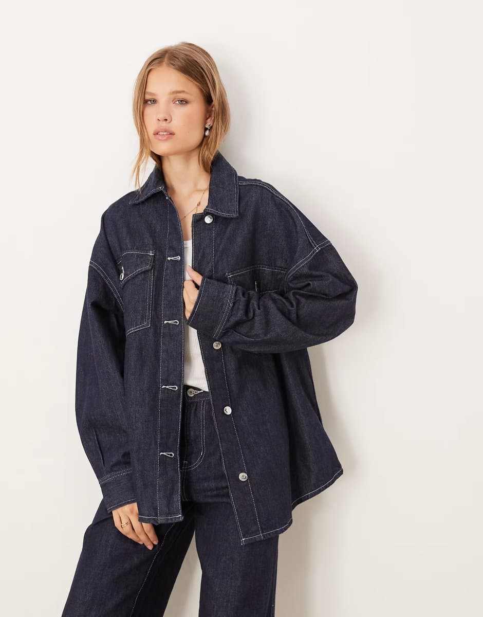 ASOS Gina Tricot co-ord relaxed fit oversized denim shirt in darkwash indigo blue