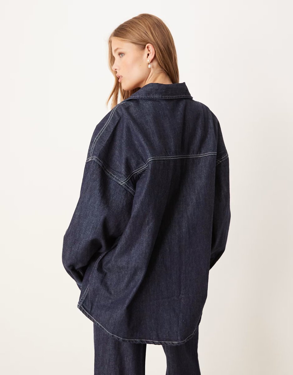 ASOS Gina Tricot co-ord relaxed fit oversized denim shirt in darkwash indigo blue - 3