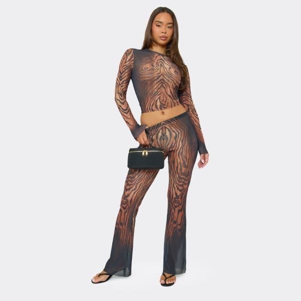 EGO Long Sleeve Top And Flared Trouser Co-Ord Set In Multi Print, Women's Size UK 6
