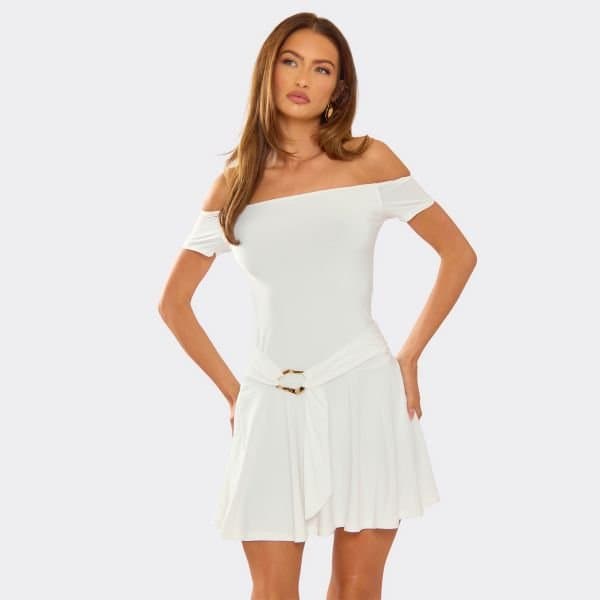 EGO EGO Off-The-Shoulder Skater Mini Dress in White