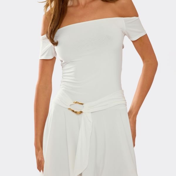 EGO Bardot Trim Belt Detail Skater Mini Dress In White Slinky, Women's Size UK 6 - 2