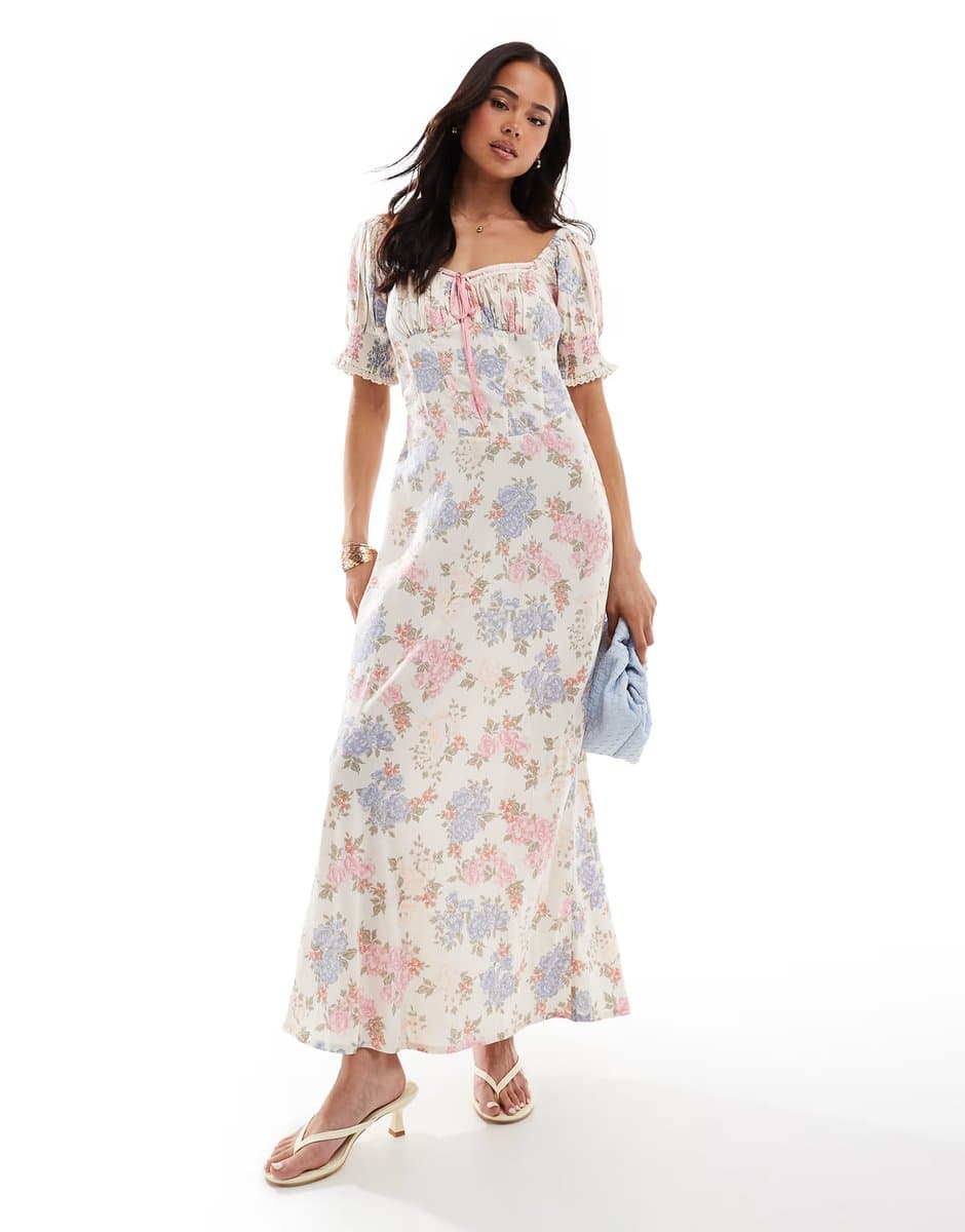 ASOS ASOS DESIGN sweetheart neckline ribbon midi dress in mixed floral print