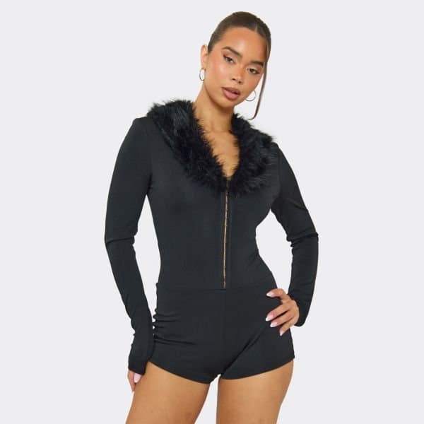 EGO Long Sleeve Hook And Eye Fur Collar Detail Playsuit In Black, Women's Size UK Large L
