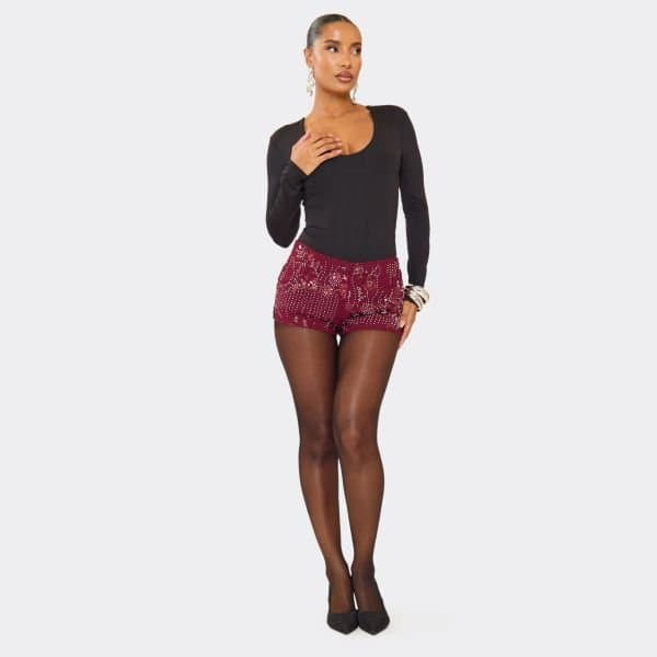 EGO Mid Rise Floral Micro Shorts In Burgundy Sequin, Women's Size UK 10