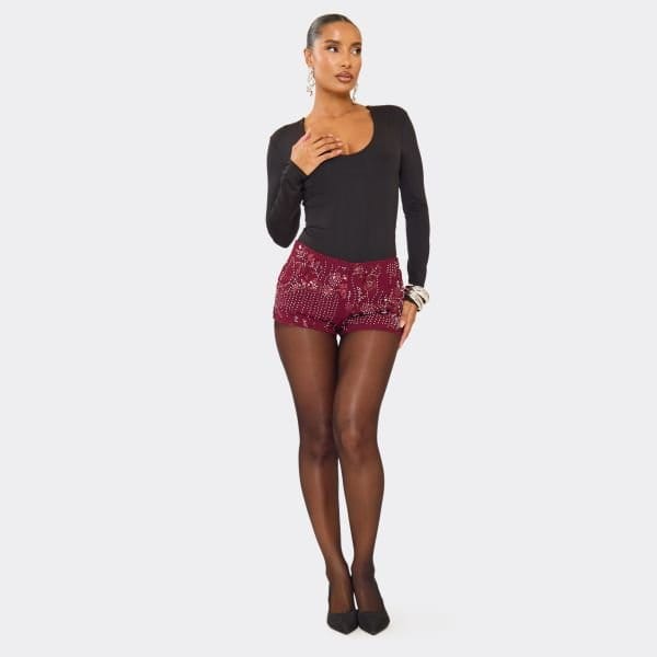 EGO Mid Rise Floral Micro Shorts In Burgundy Sequin, Women's Size UK 10 - 1