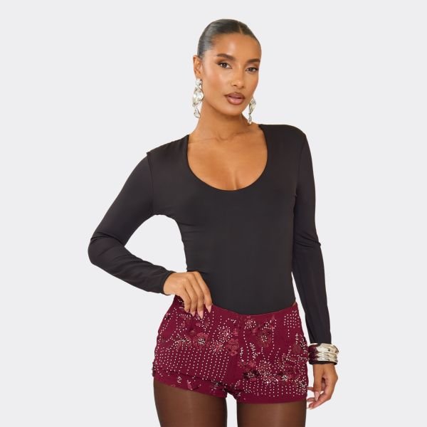 EGO Mid Rise Floral Micro Shorts In Burgundy Sequin, Women's Size UK 10 - 2