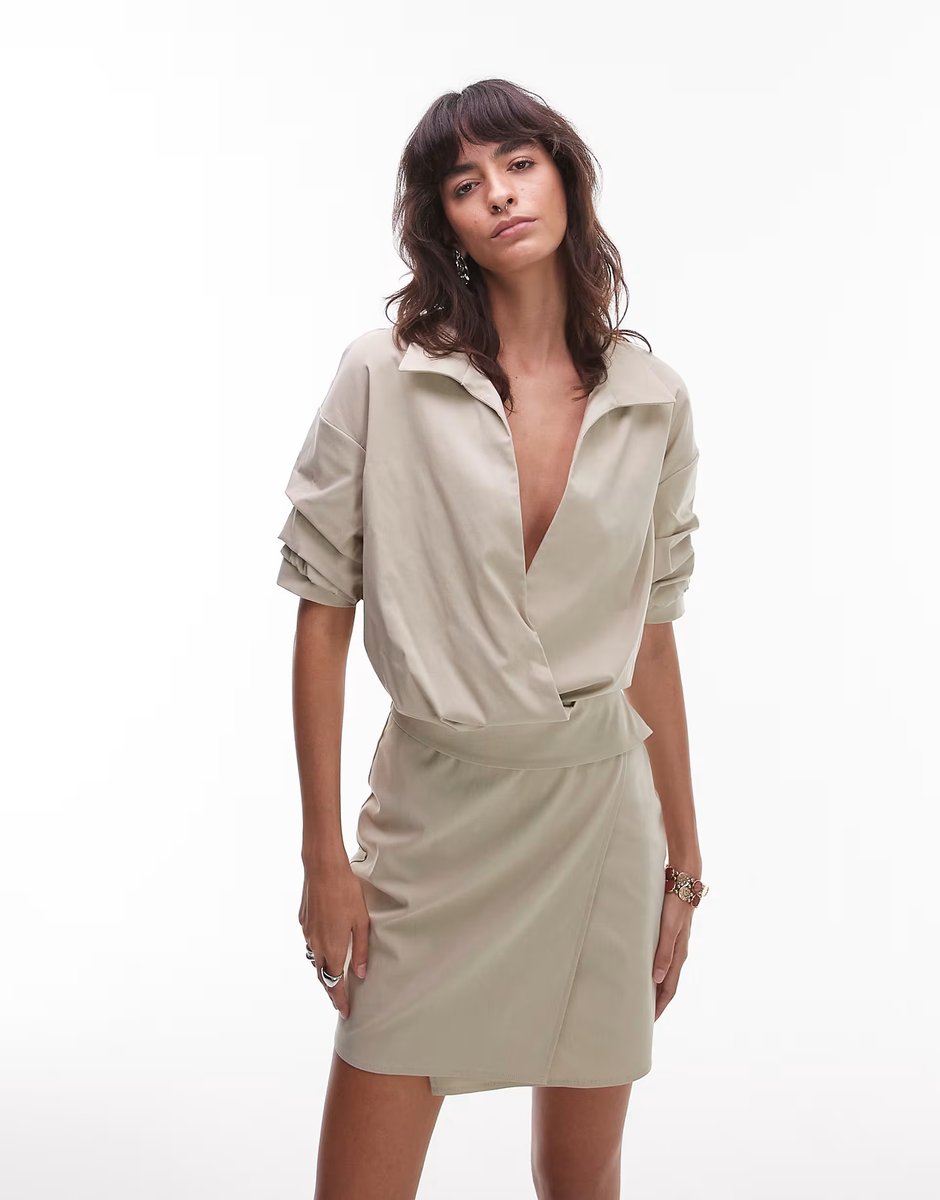 ASOS ASOS DESIGN drape shirt mini dress in oat - 3