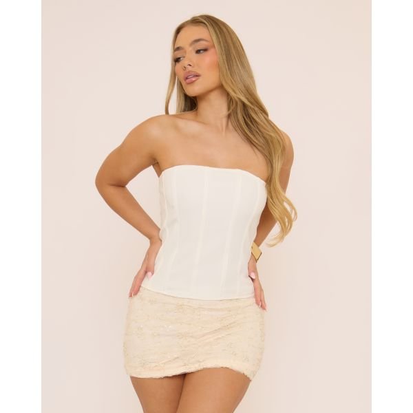 EGO Mid Rise Micro Mini Skirt In Cream Floral Sequin, Women's Size UK 12 - 2