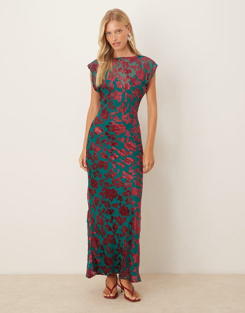 ASOS ASOS DESIGN velvet devore crew neck sleeveless maxi dress in blue and red floral