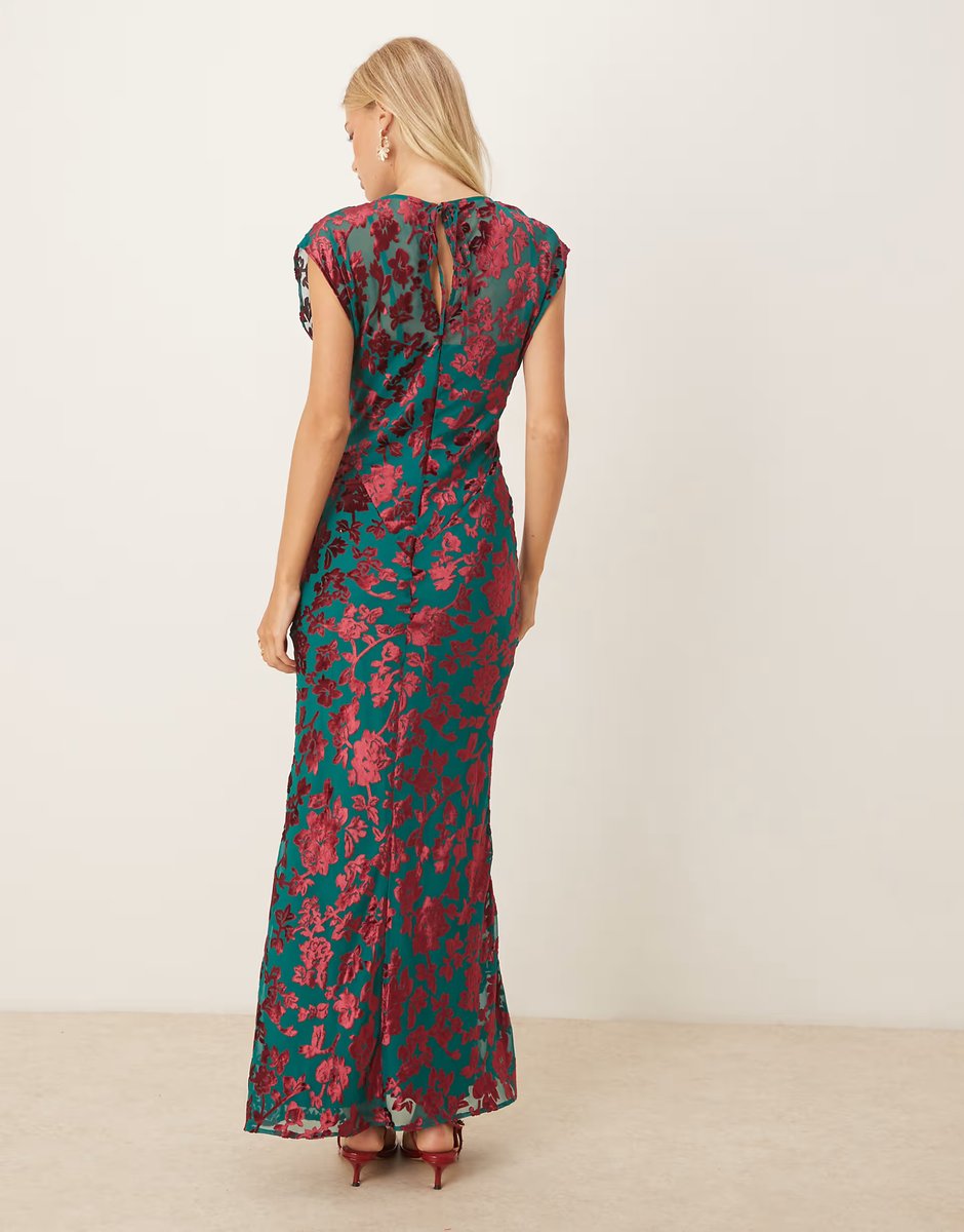 ASOS ASOS DESIGN velvet devore crew neck sleeveless maxi dress in blue and red floral - 4