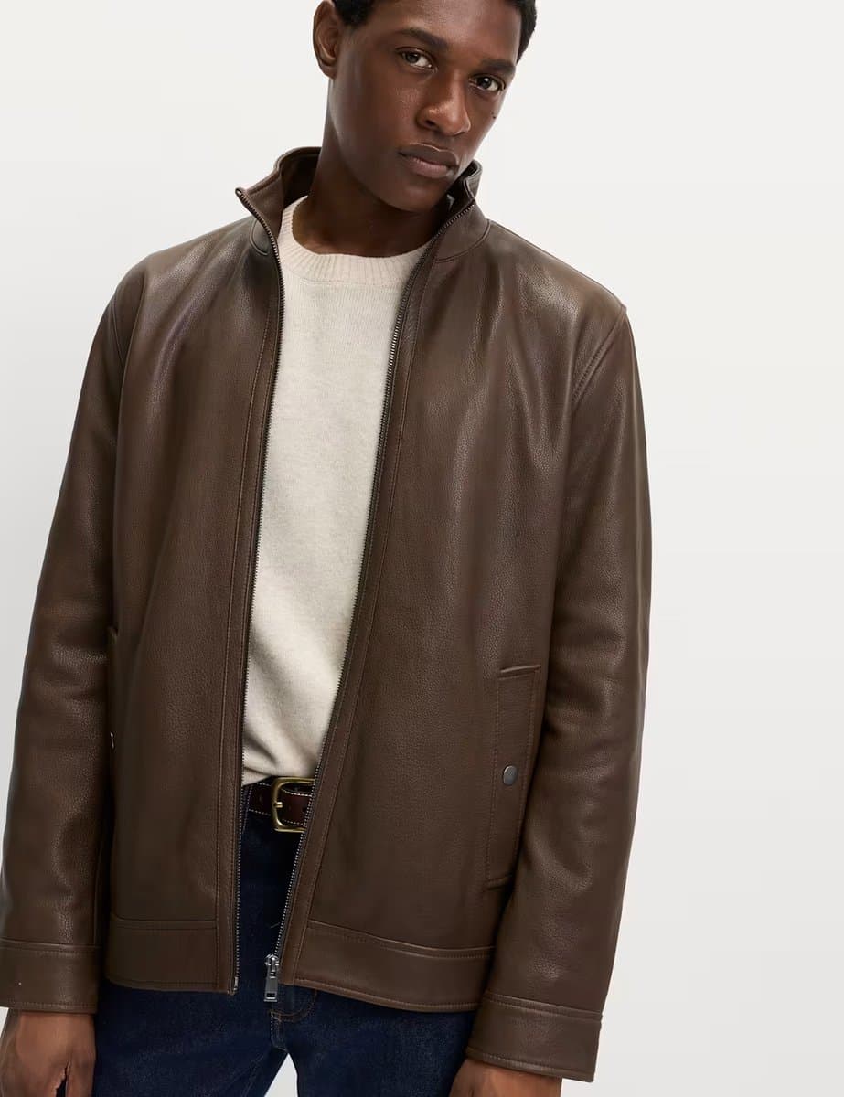 Marks & Spencer M&S Funnel Neck Leather BikerJacket Dark Brown