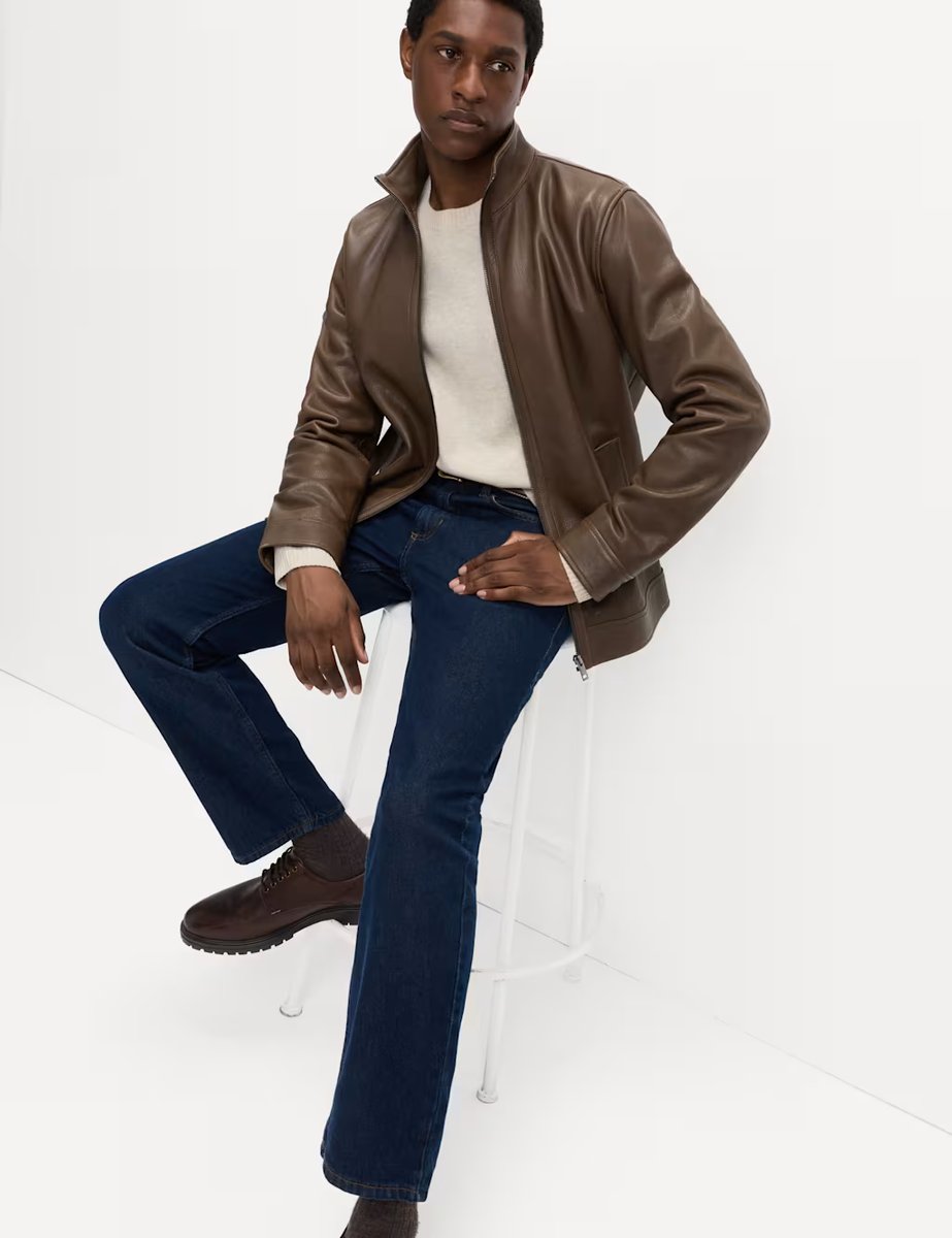 Marks & Spencer M&S Funnel Neck Leather BikerJacket Dark Brown - 3