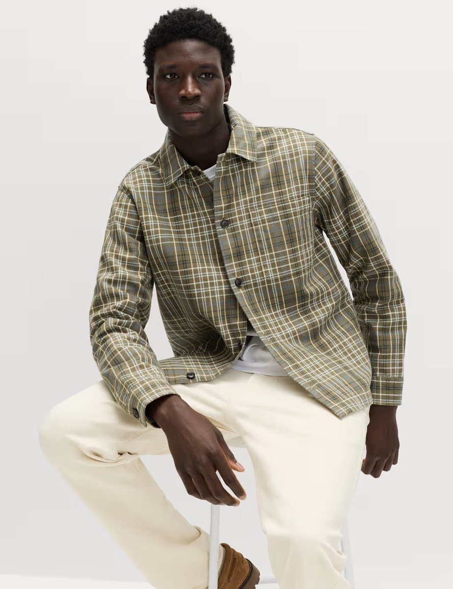 Marks & Spencer M&S Pure Cotton Check Overshirt Khaki Mix