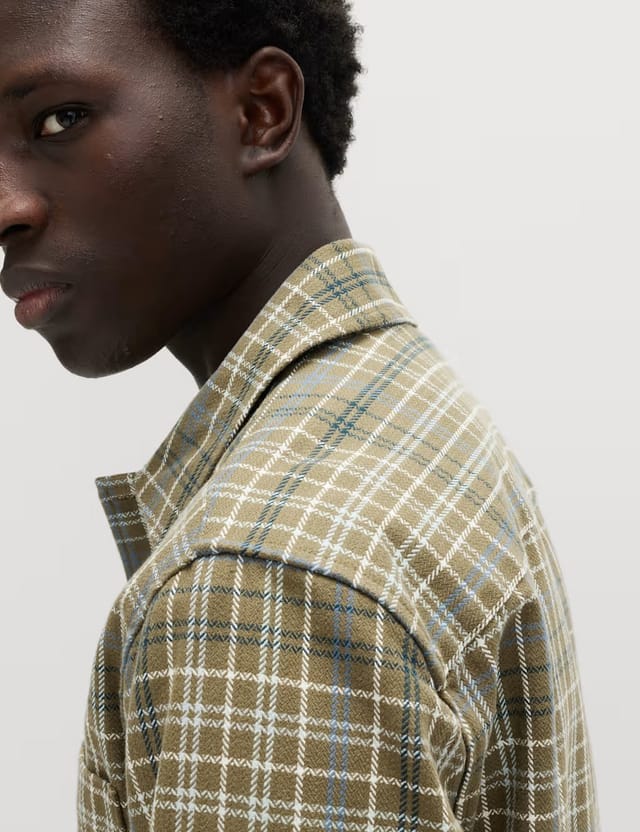 Marks & Spencer M&S Pure Cotton Check Overshirt Khaki Mix - 3