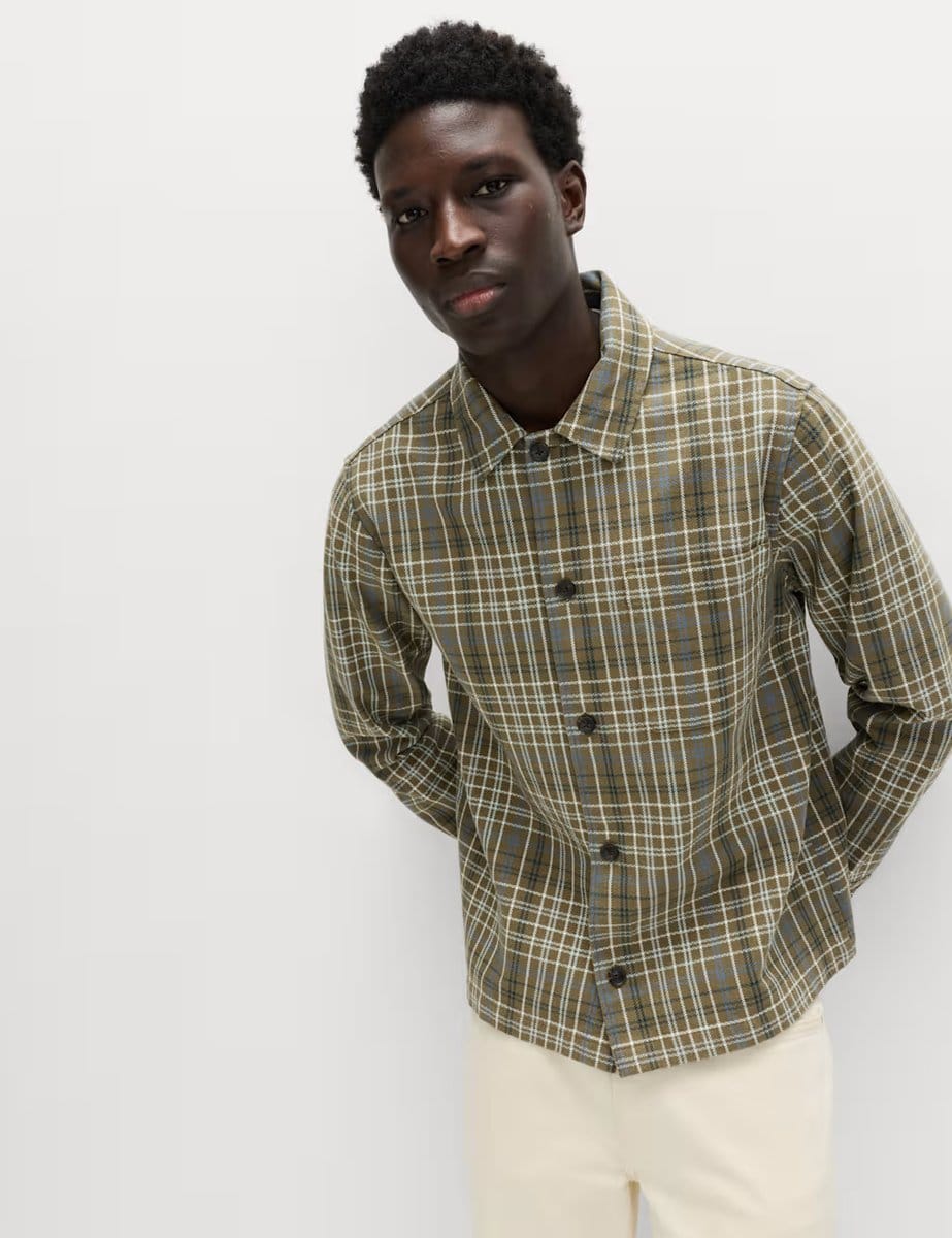 Marks & Spencer M&S Pure Cotton Check Overshirt Khaki Mix - 4
