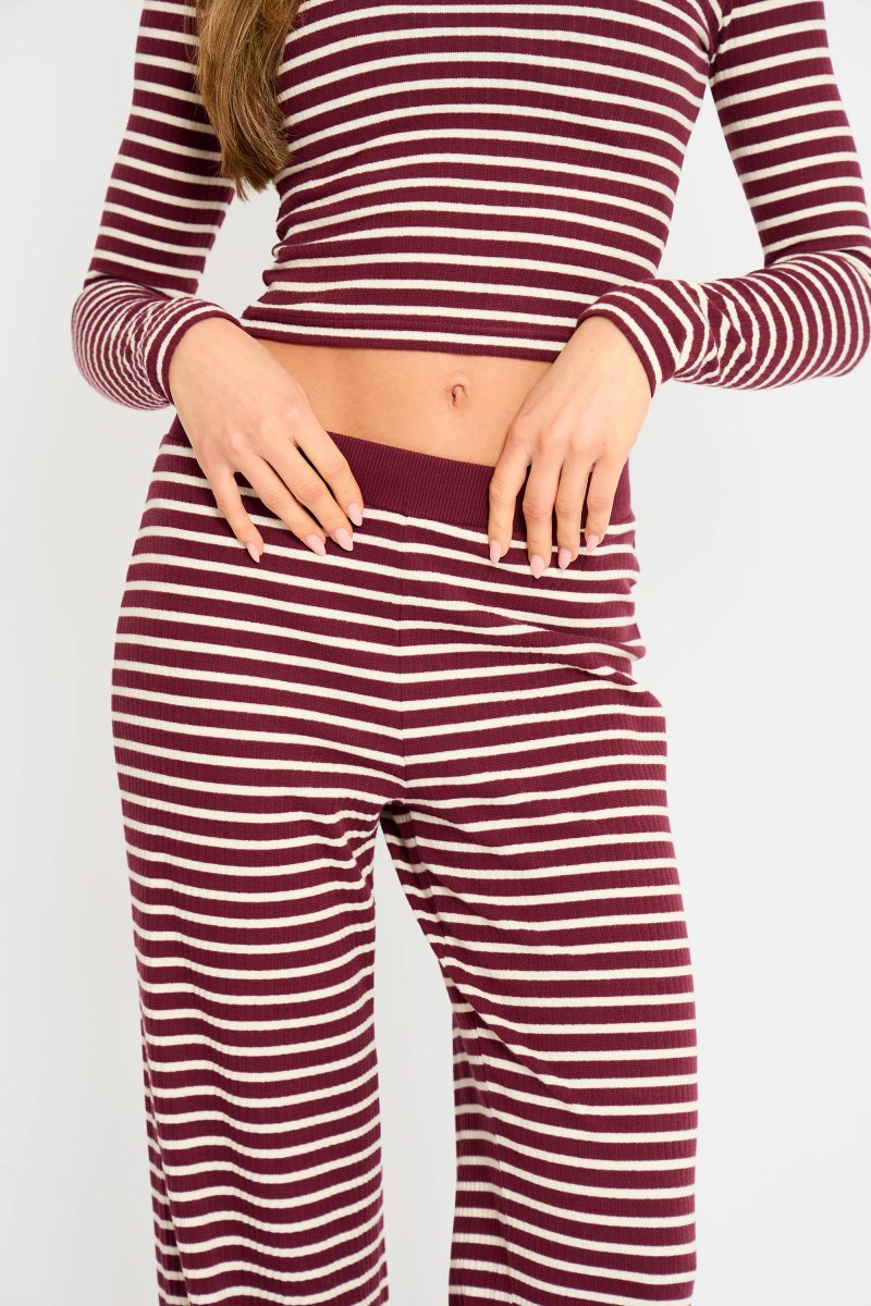 Kaiia Kaiia Stripe Ribbed Wide Leg Trousers Dark Cherry & Cream - 2
