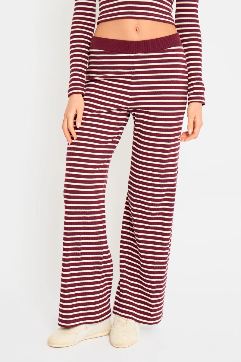 Kaiia Kaiia Stripe Ribbed Wide Leg Trousers Dark Cherry & Cream - 3