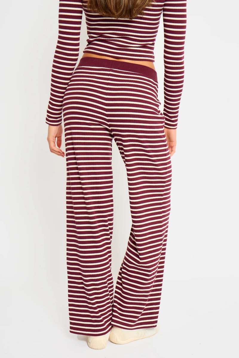 Kaiia Kaiia Stripe Ribbed Wide Leg Trousers Dark Cherry & Cream - 4