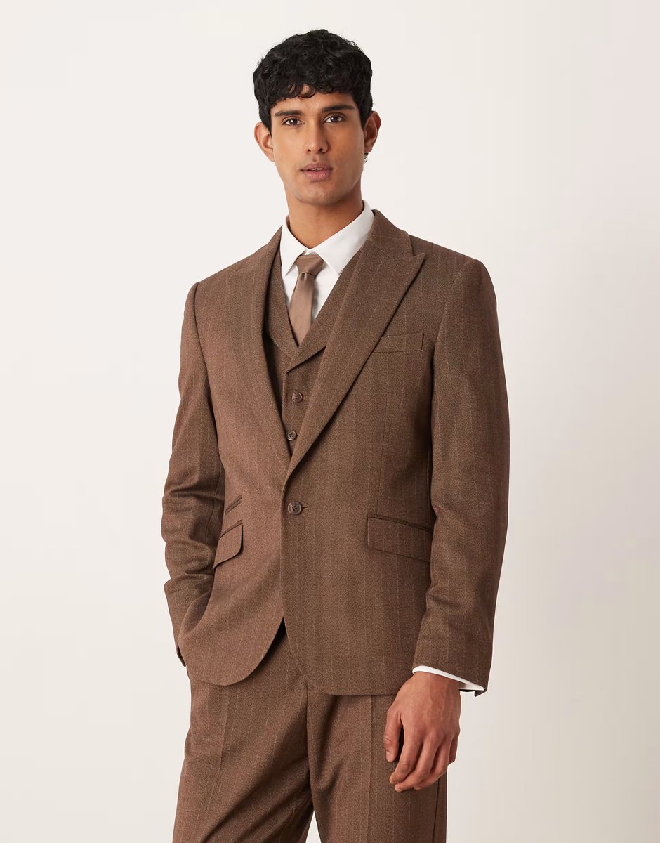 ASOS ASOS DESIGN slim wool look suit jacket in brown twill herringbone - 1