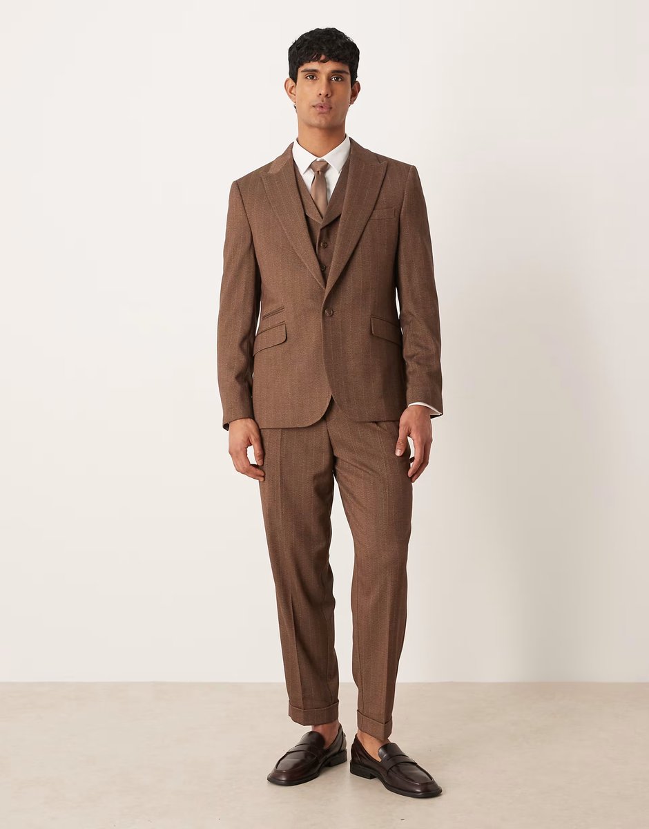 ASOS ASOS DESIGN slim wool look suit jacket in brown twill herringbone - 2