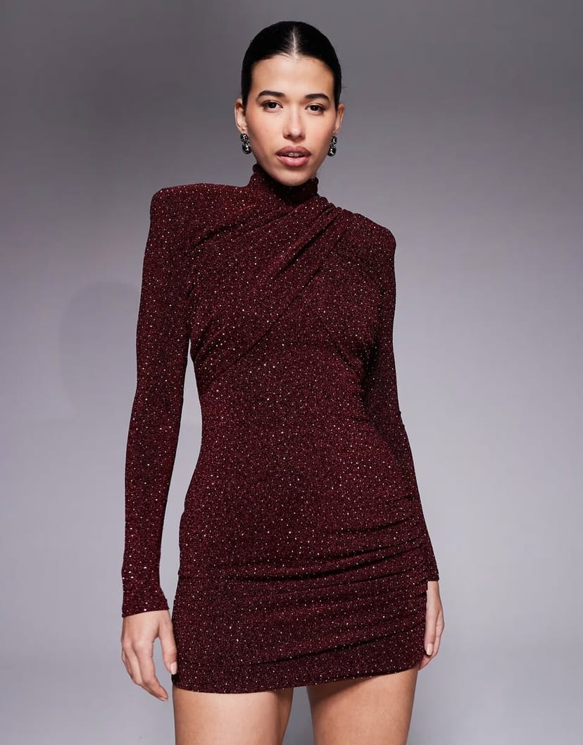 ASOS Ruched & Ready I'm Her removable shoulder pad detail high neck cross front long sleeve hotfix mini dress in wine - 1