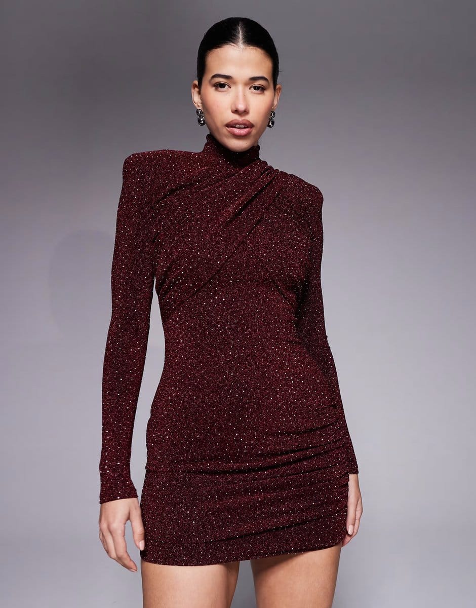 ASOS Ruched & Ready I'm Her removable shoulder pad detail high neck cross front long sleeve hotfix mini dress in wine - 1
