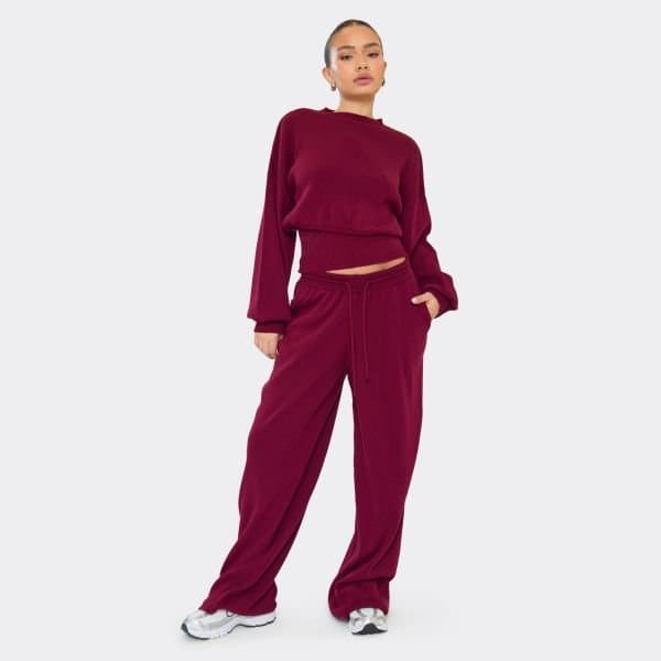 EGO Tie Waist Wide Leg Trousers In Burgundy Knit, Women's Size UK Large L