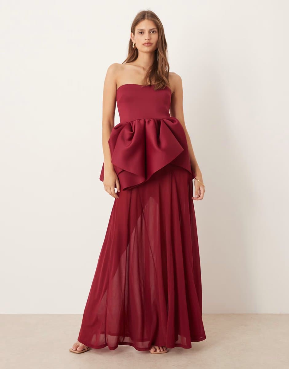 ASOS ASOS DESIGN Premium bandeau with sheer skirt maxi dress in red scuba-style fabric