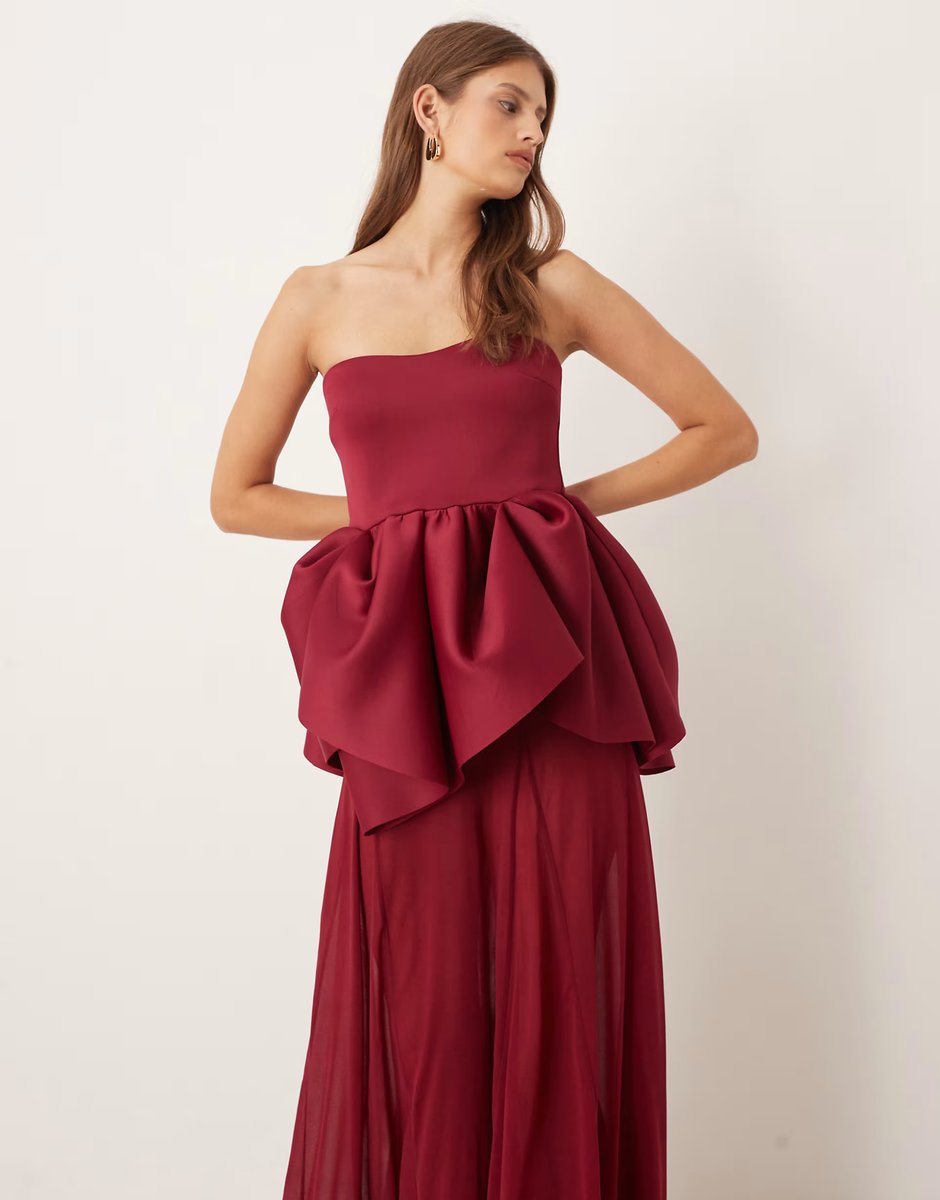 ASOS ASOS DESIGN Premium bandeau with sheer skirt maxi dress in red scuba-style fabric - 2