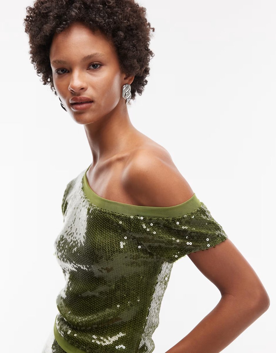 ASOS ASOS DESIGN co-ord sequin mesh mix off shoulder top in olive - 3