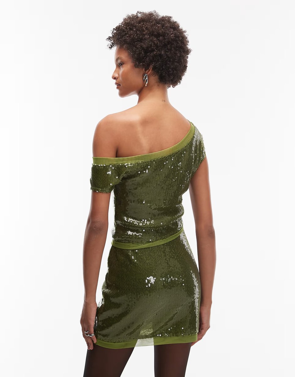 ASOS ASOS DESIGN co-ord sequin mesh mix off shoulder top in olive - 4