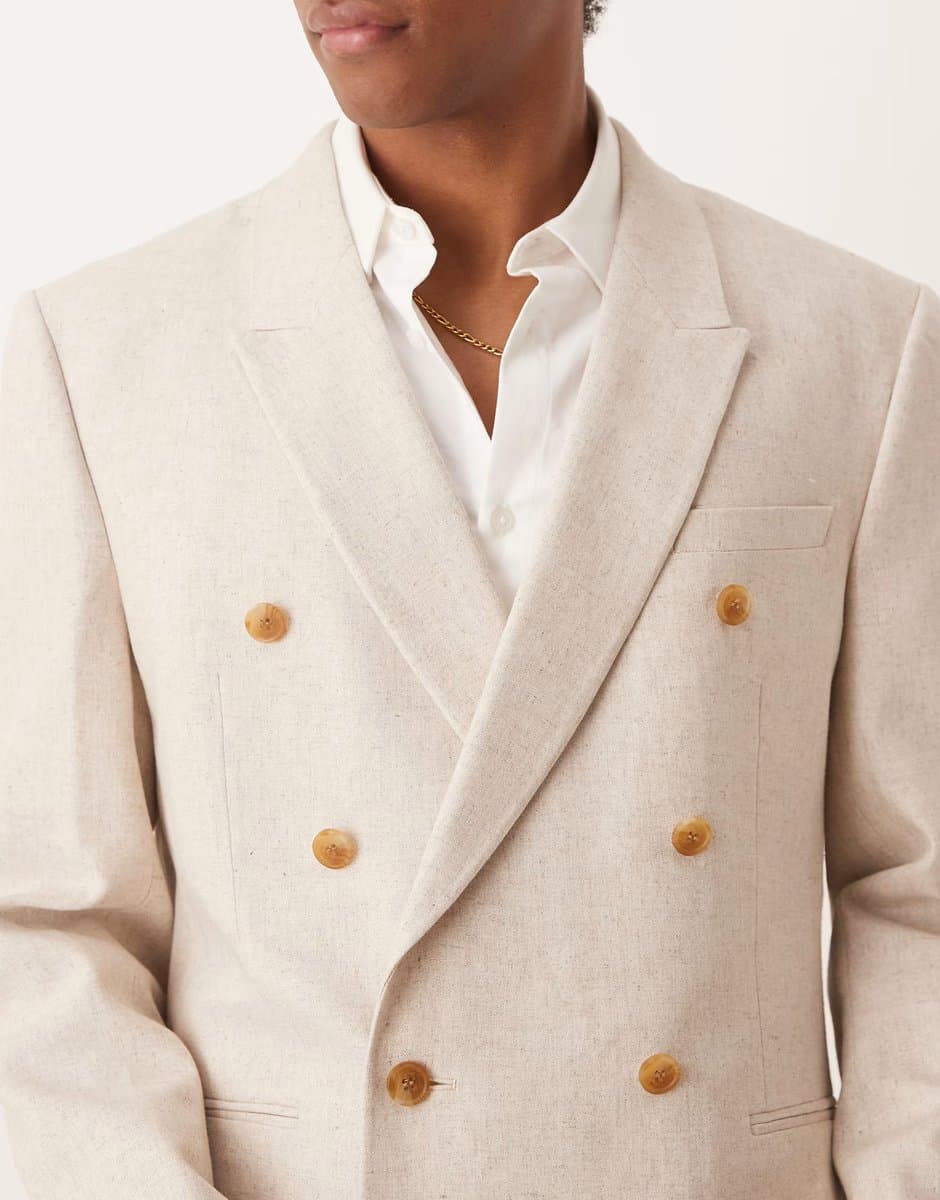ASOS ASOS DESIGN double breasted regular linen blend suit jacket in natural beige