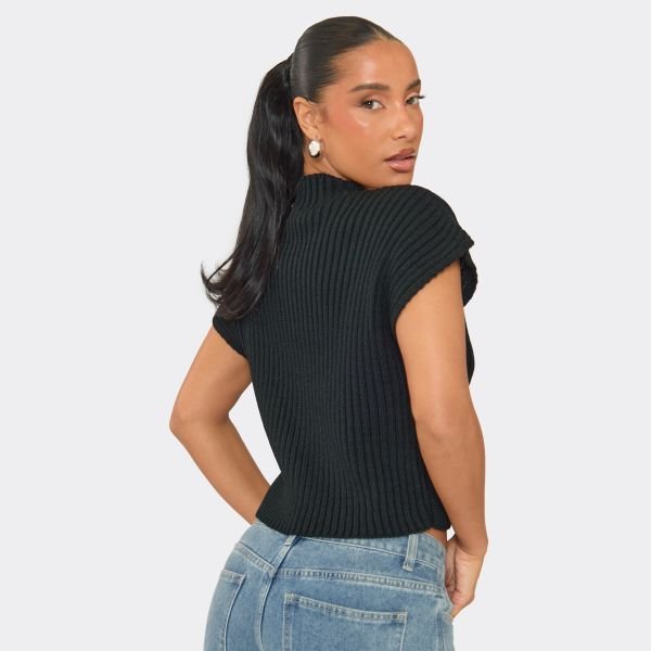 EGO High Neck Short Sleeve Top In Black Rib Knit, Women's Size UK Large L - 2