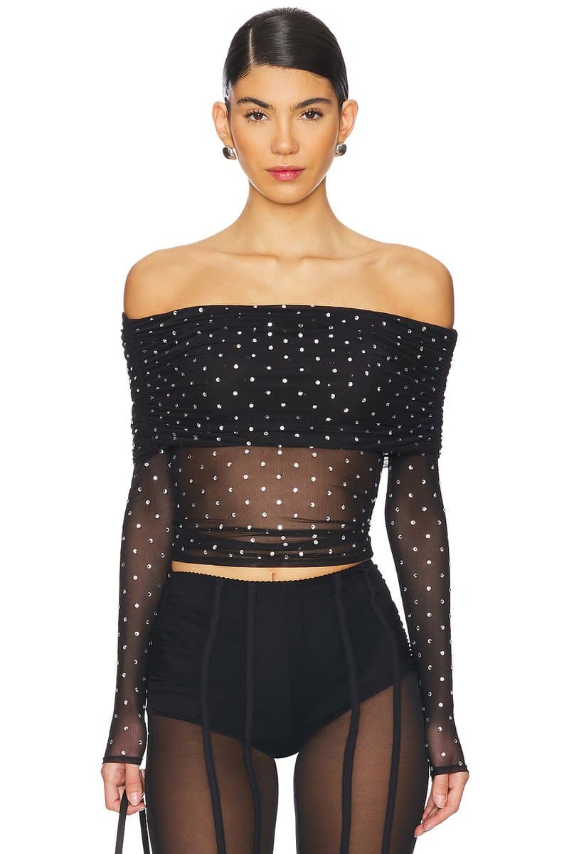 revolve Revolve Mesh Off-Shoulder Crop Top in Black & Silver
