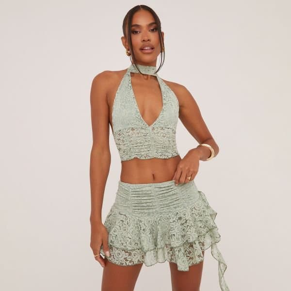 EGO EGO Plunge Choker Ruched Detail Crop Top in Sage Green Lace