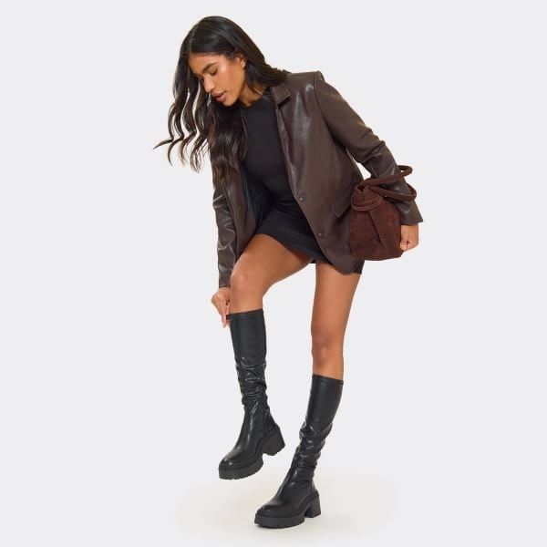 EGO Guyz Chunky Sole Knee High Long Boot In Black Faux Leather, Women's Size UK 7 - 1