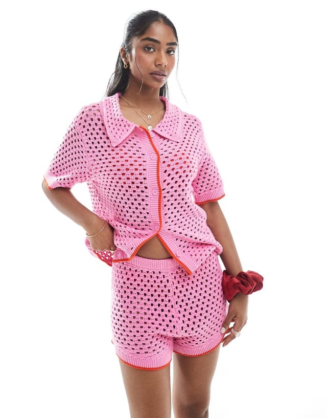 ASOS Pieces open crochet knit polo top and short co-ord in pink and red - 2