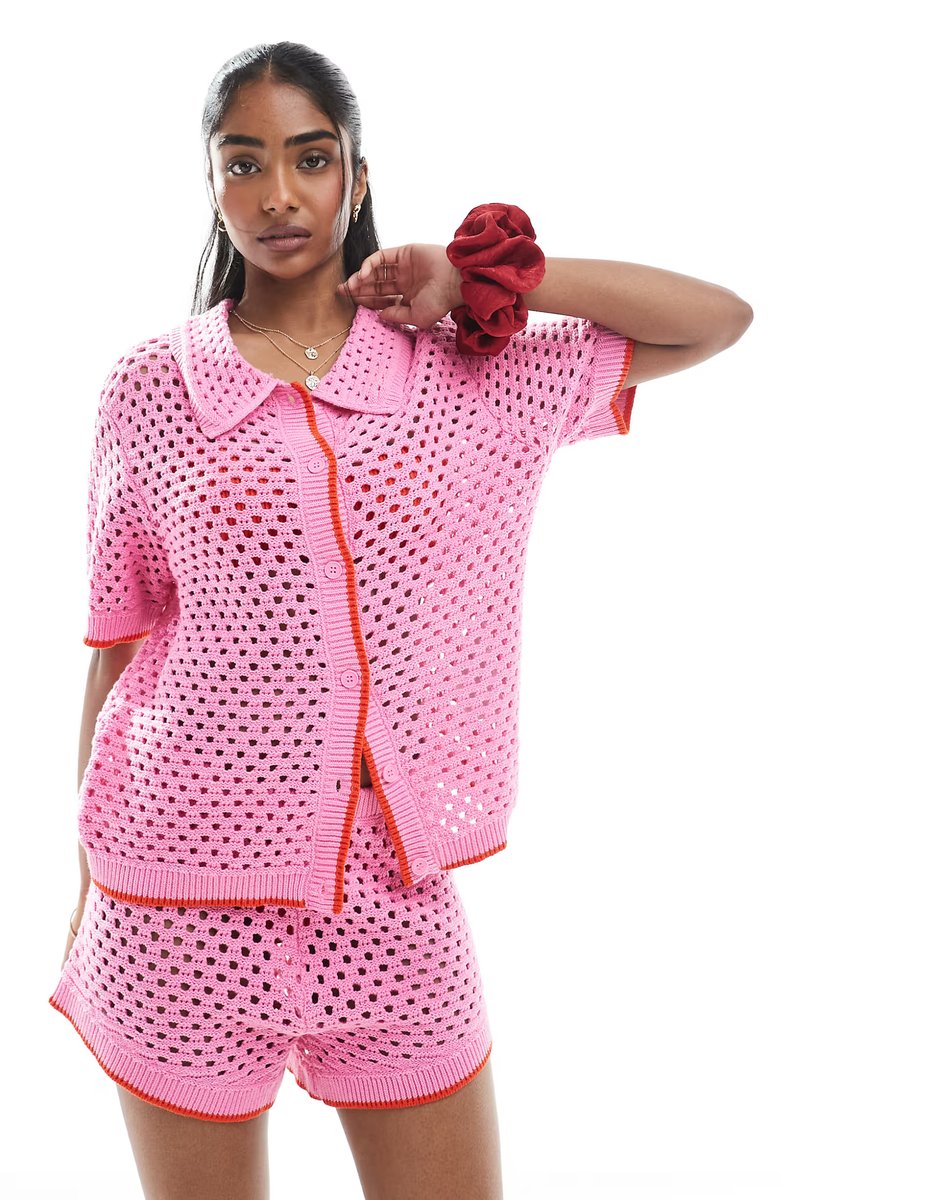 ASOS Pieces open crochet knit polo top and short co-ord in pink and red - 3