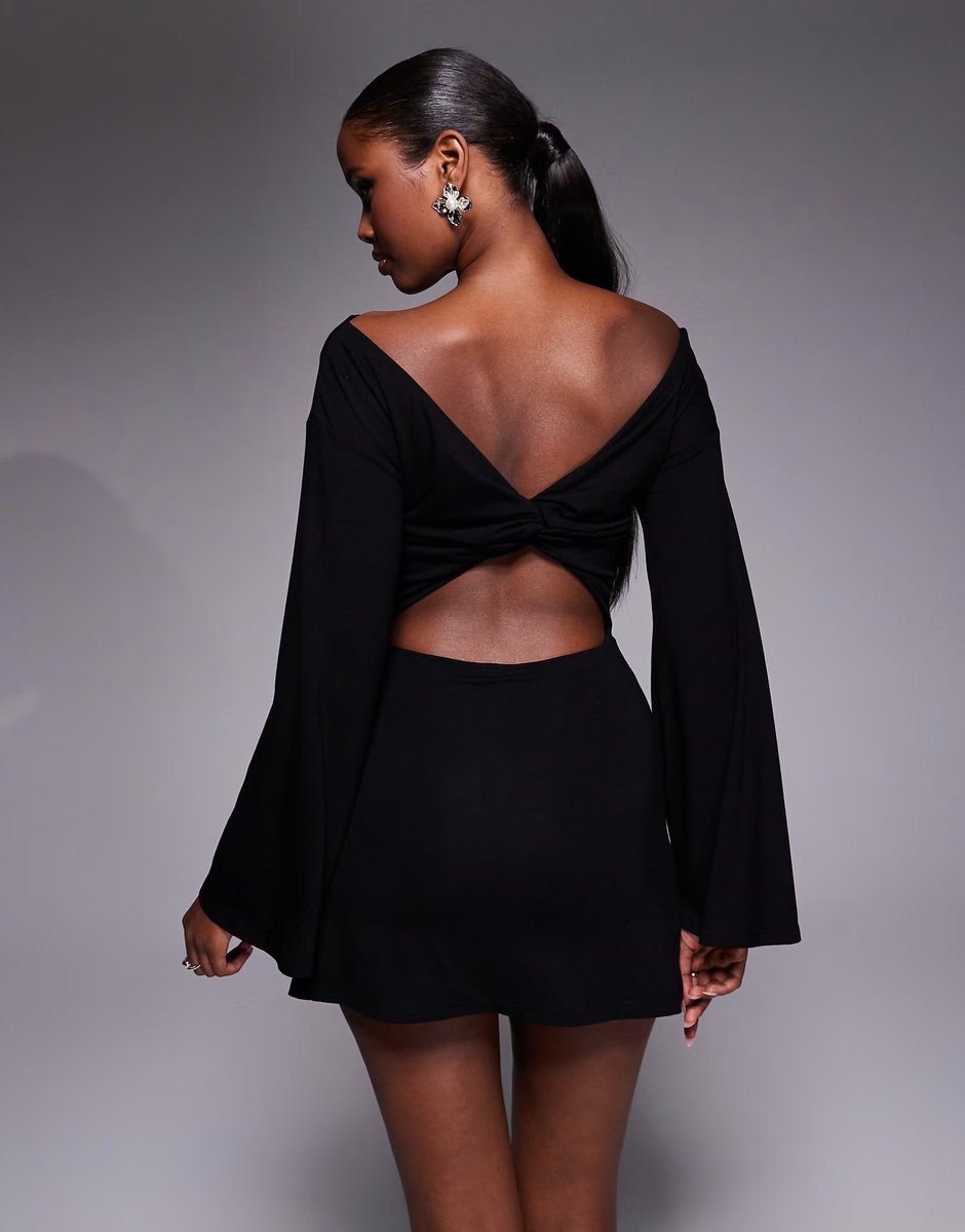 ASOS ASOS DESIGN angel sleeve bardot mini dress with cut out back detail in black - 3