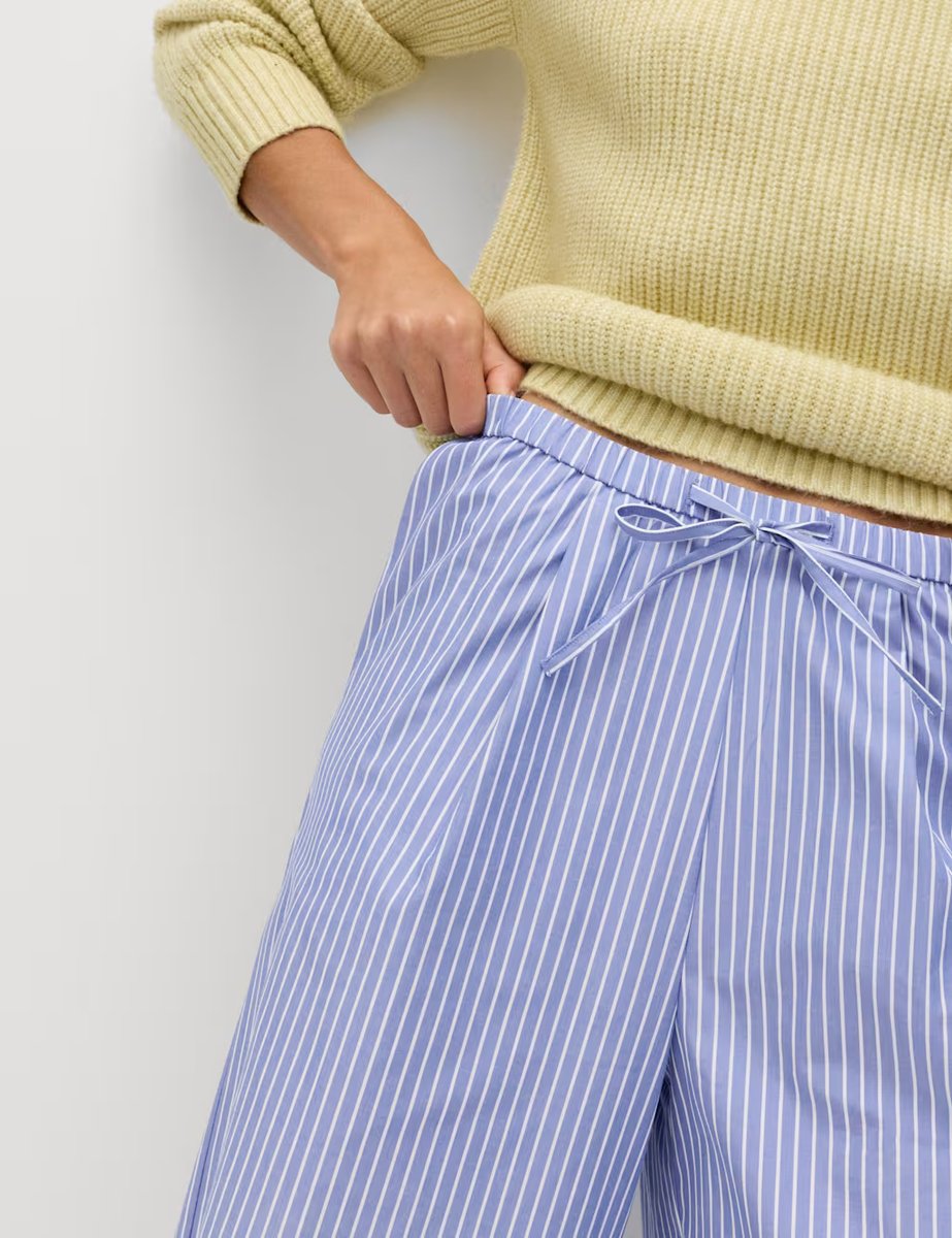 Marks & Spencer M&S Pure Cotton Striped Drawstring Wide Leg Trousers Blue Mix - 2