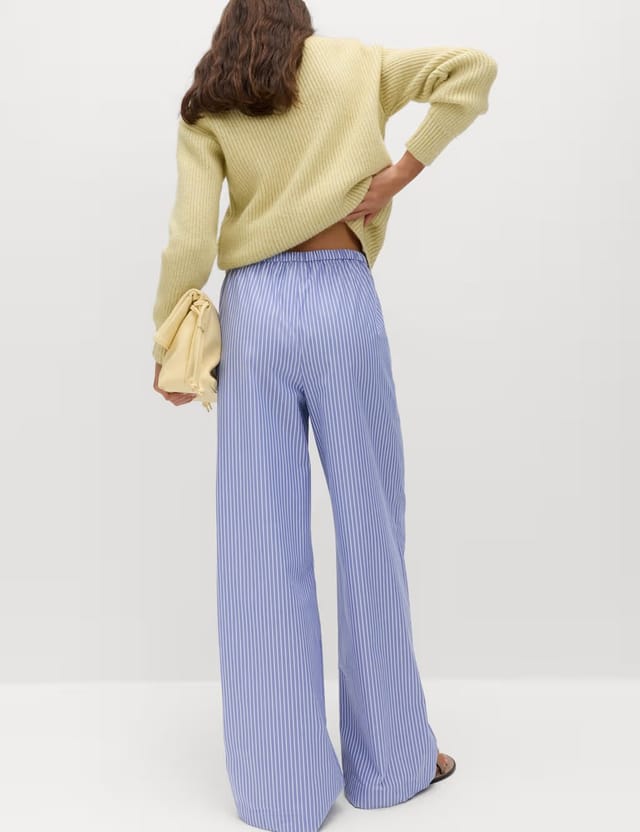 Marks & Spencer M&S Pure Cotton Striped Drawstring Wide Leg Trousers Blue Mix - 3