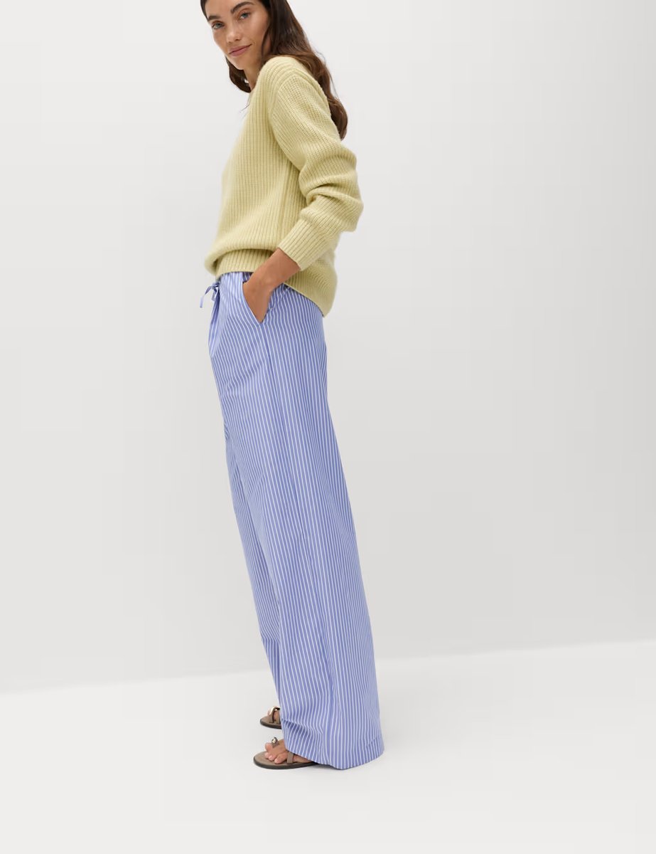 Marks & Spencer M&S Pure Cotton Striped Drawstring Wide Leg Trousers Blue Mix - 4