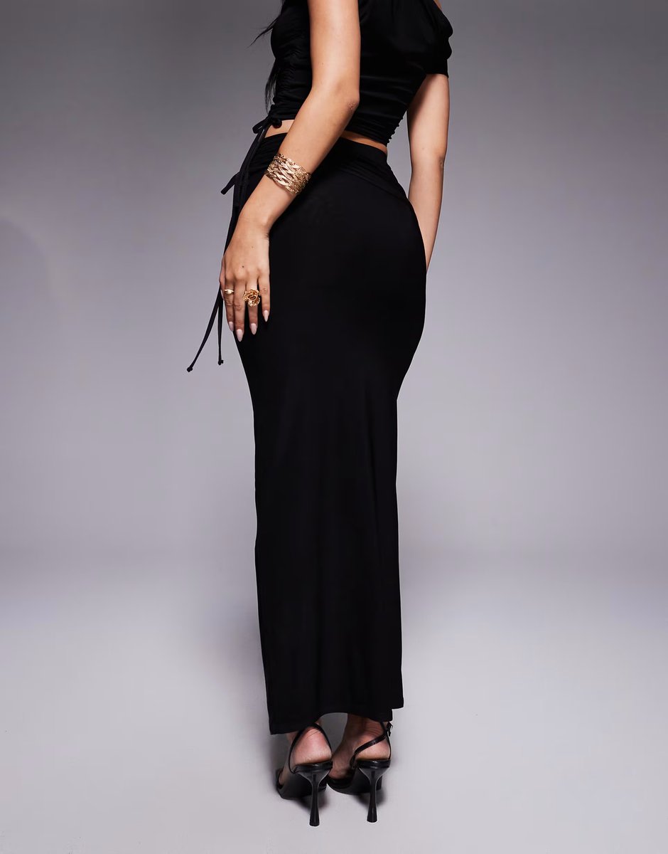 ASOS Kaiia exclusive double layered slinky ruched drawstring maxi skirt co-ord in black - 2