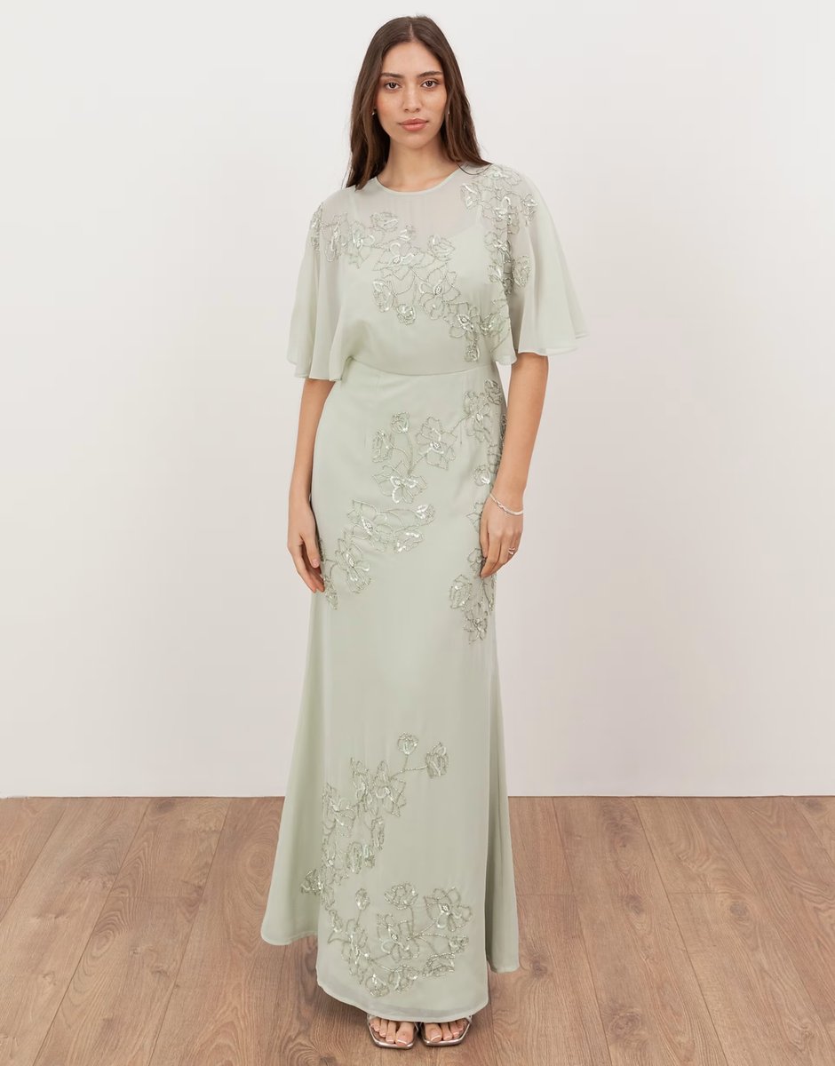 ASOS Maya Floral embellished angel sleeve maxi dress in meadow green - 1