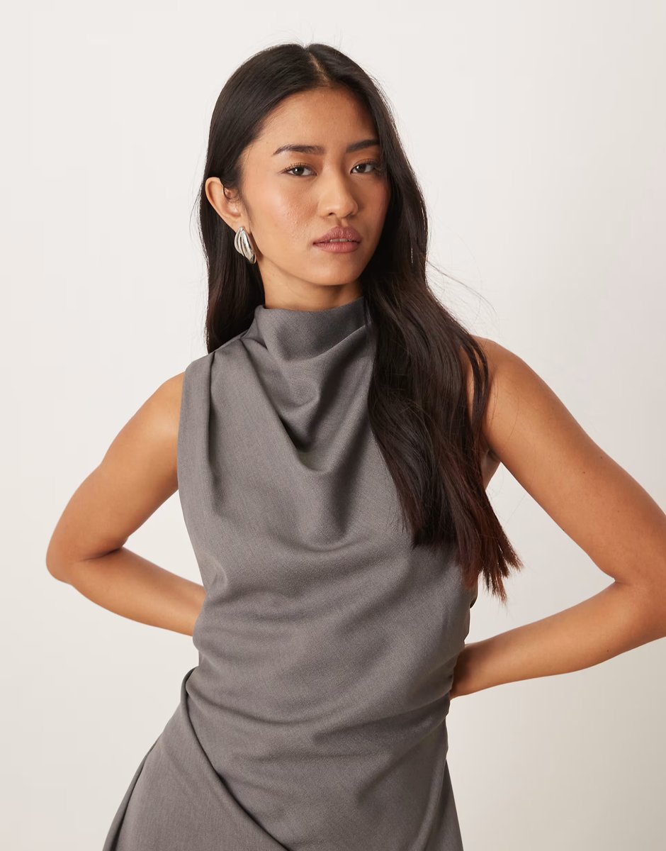 ASOS ASOS DESIGN draped high neck hanky hem maxi dress in grey - 3
